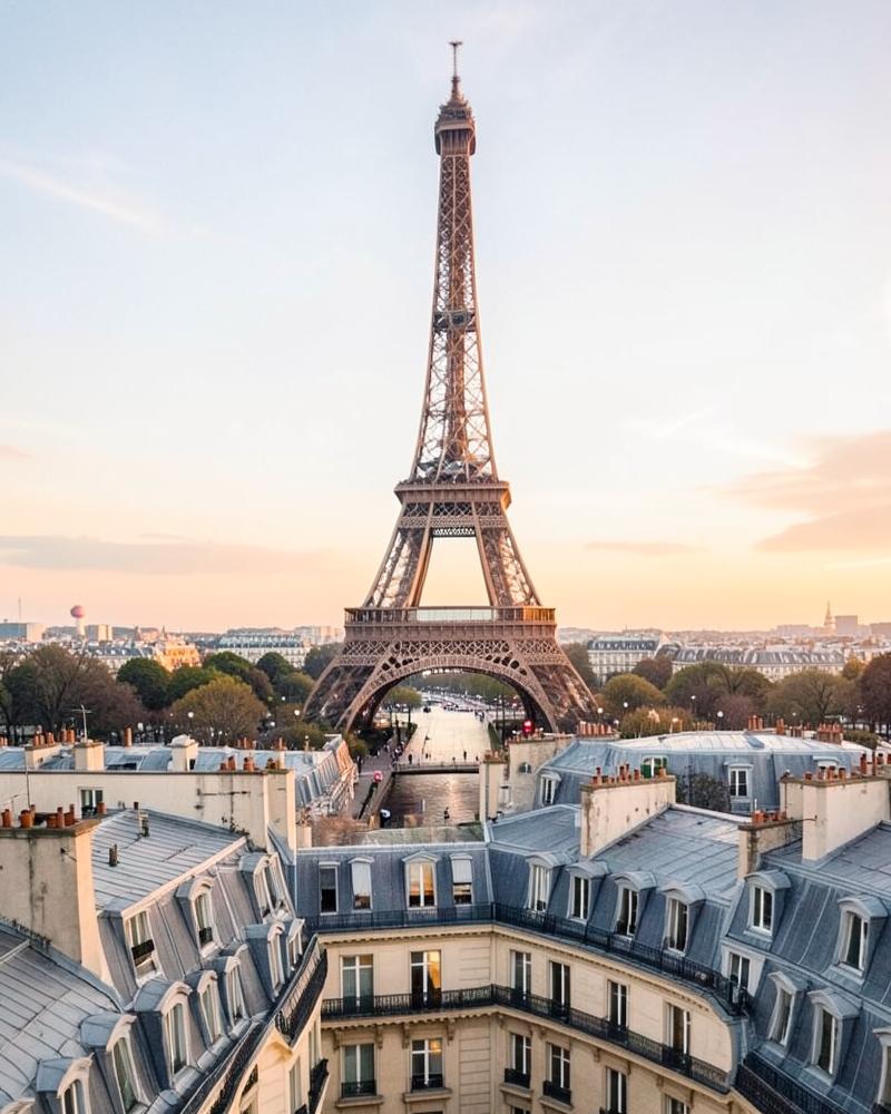 Eiffel Tower above Parisian rooftops