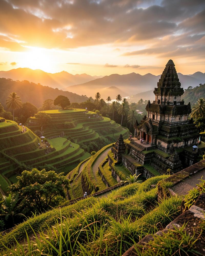 Balinese temple above rice terraces at sunrise