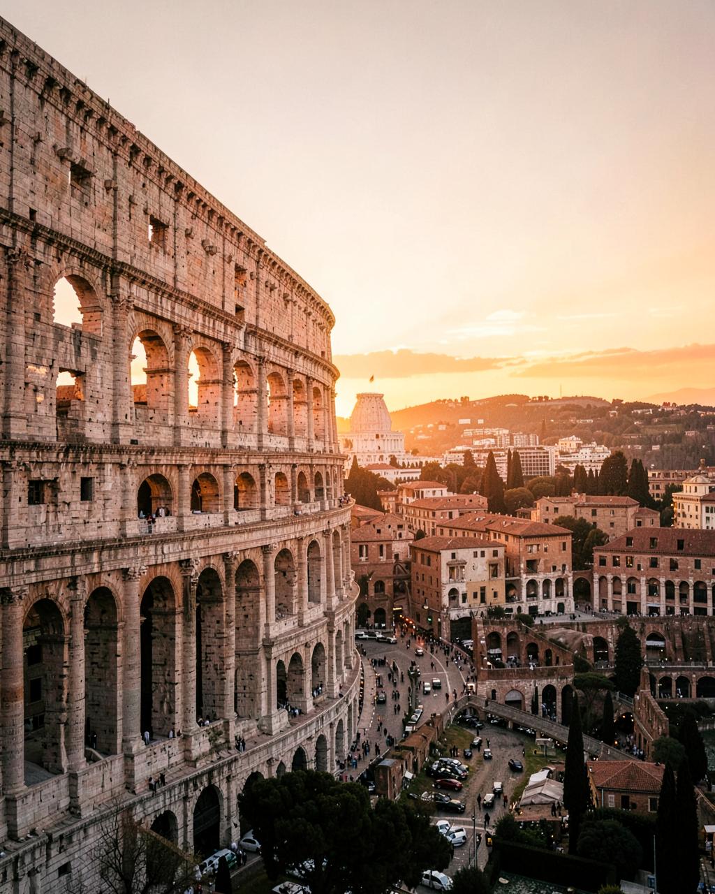 The Colosseum and Rome skyline at sunset