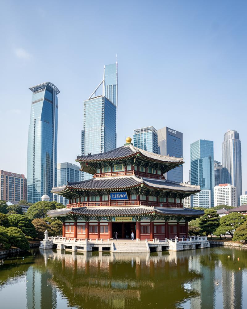Seoul palace pavilion with modern skyline behind