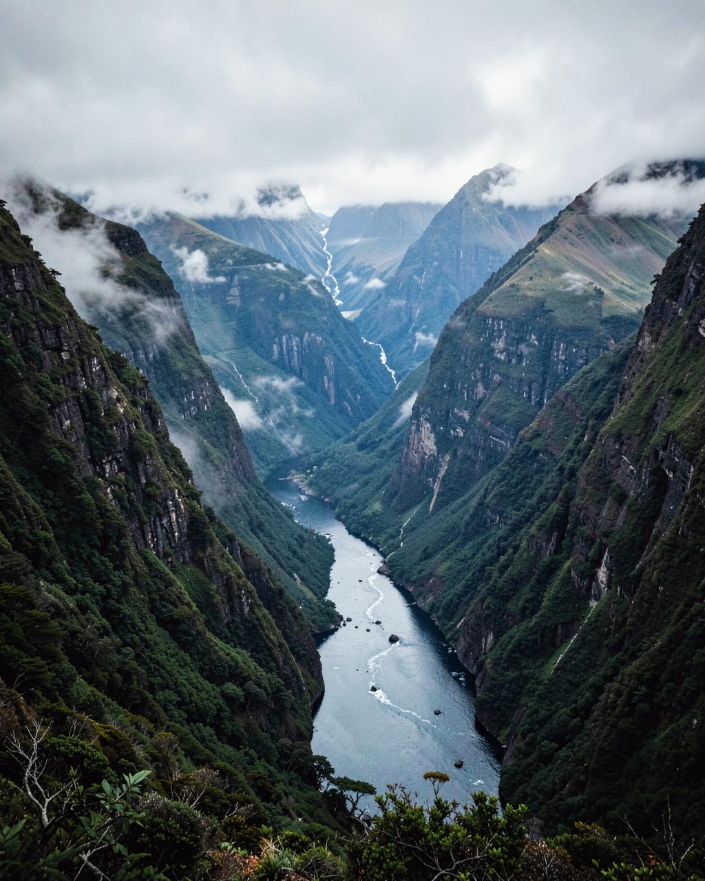 Misty fjord surrounded by mountains in New Zealand