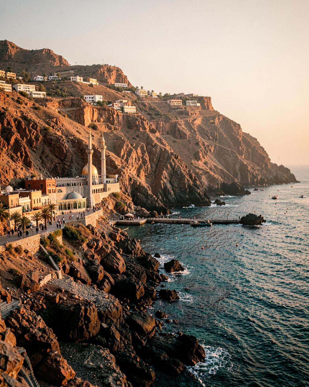 Mosque above the rugged Omani coastline at sunset