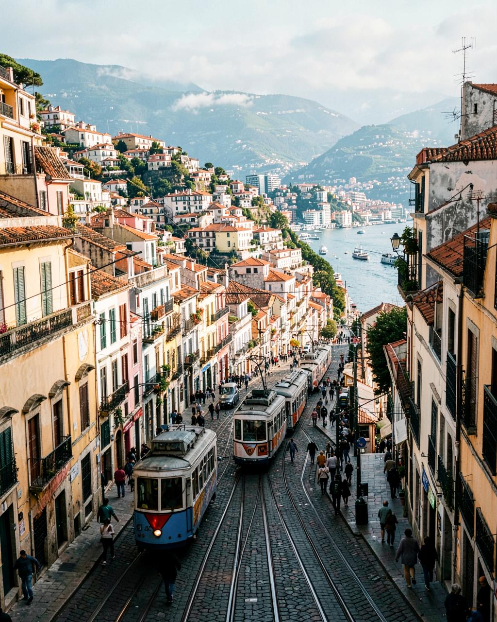 Lisbon hillside street with a yellow tram