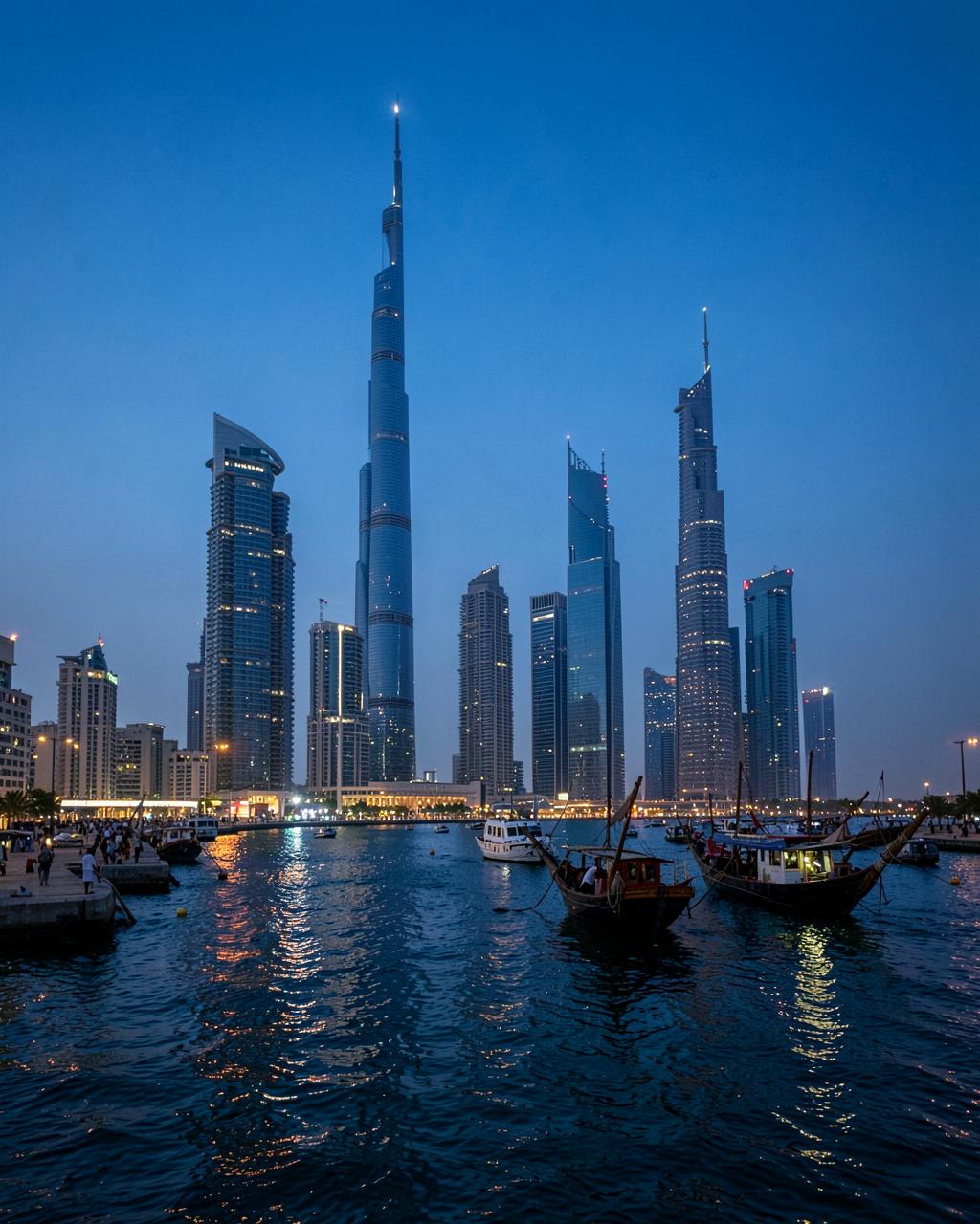 Doha skyline and traditional dhow boats at blue hour