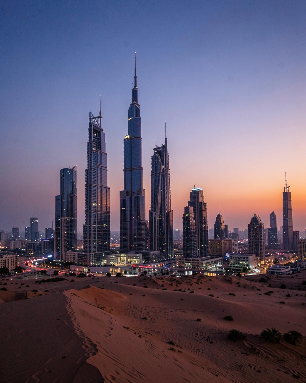 Riyadh skyline at dusk beside desert dunes