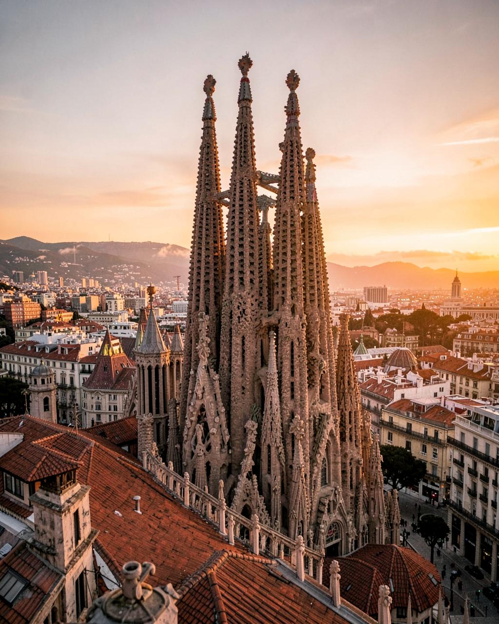 Sagrada Familia above Barcelona at sunset