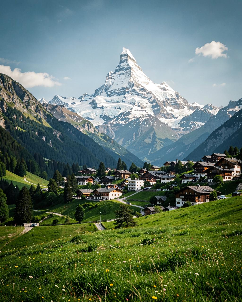 Alpine village below a snow-capped Swiss peak