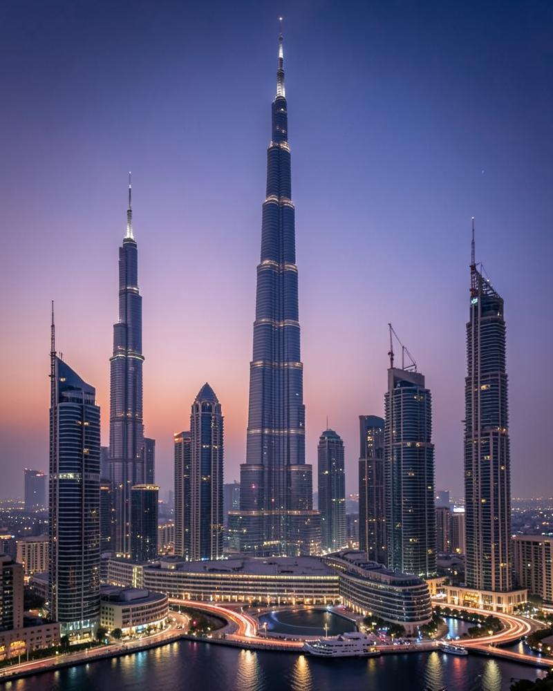 Dubai skyline with Burj Khalifa at dusk