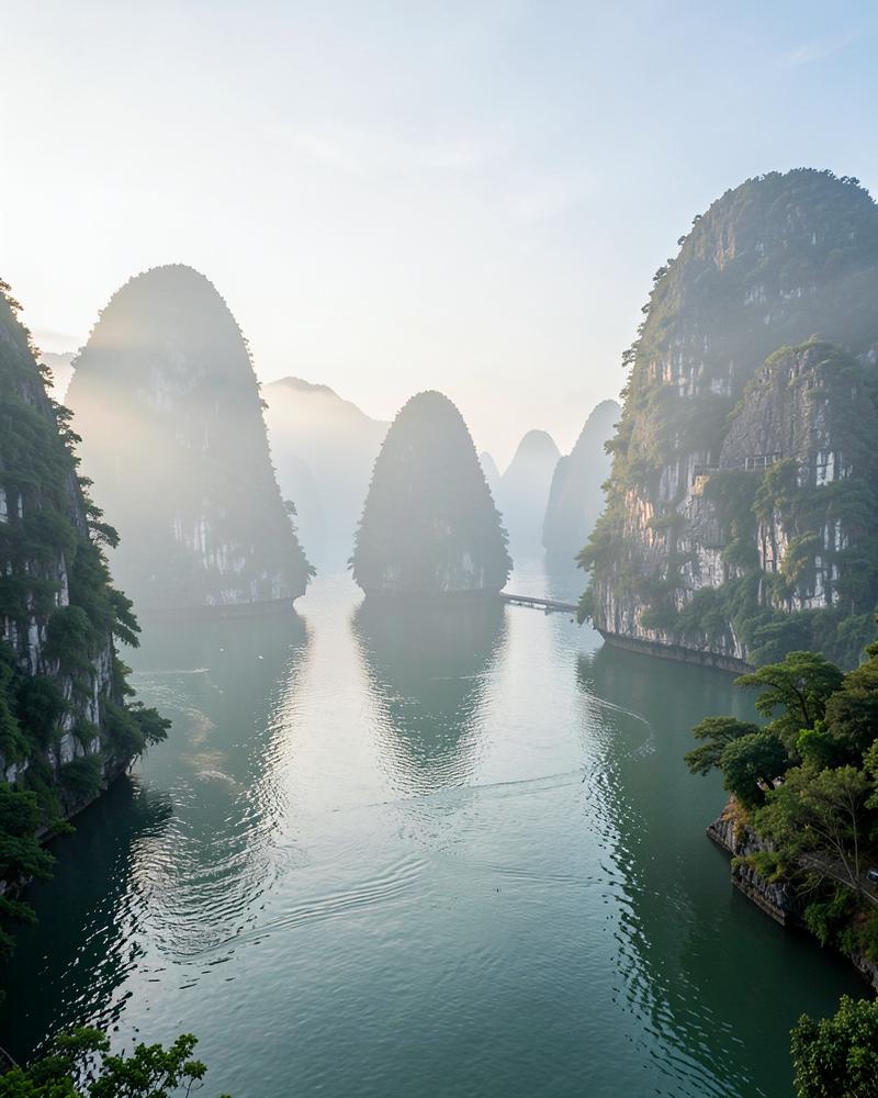 Limestone karsts in Ha Long Bay at sunrise